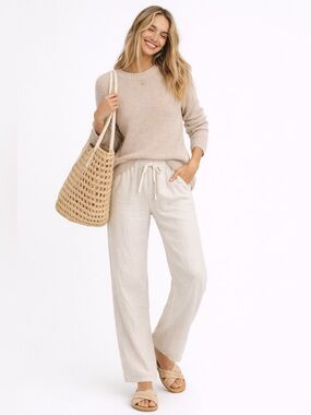 JENNI KAYNE Cotton Fisherman Sweater Crewneck in Oatmeal Like New Size XS